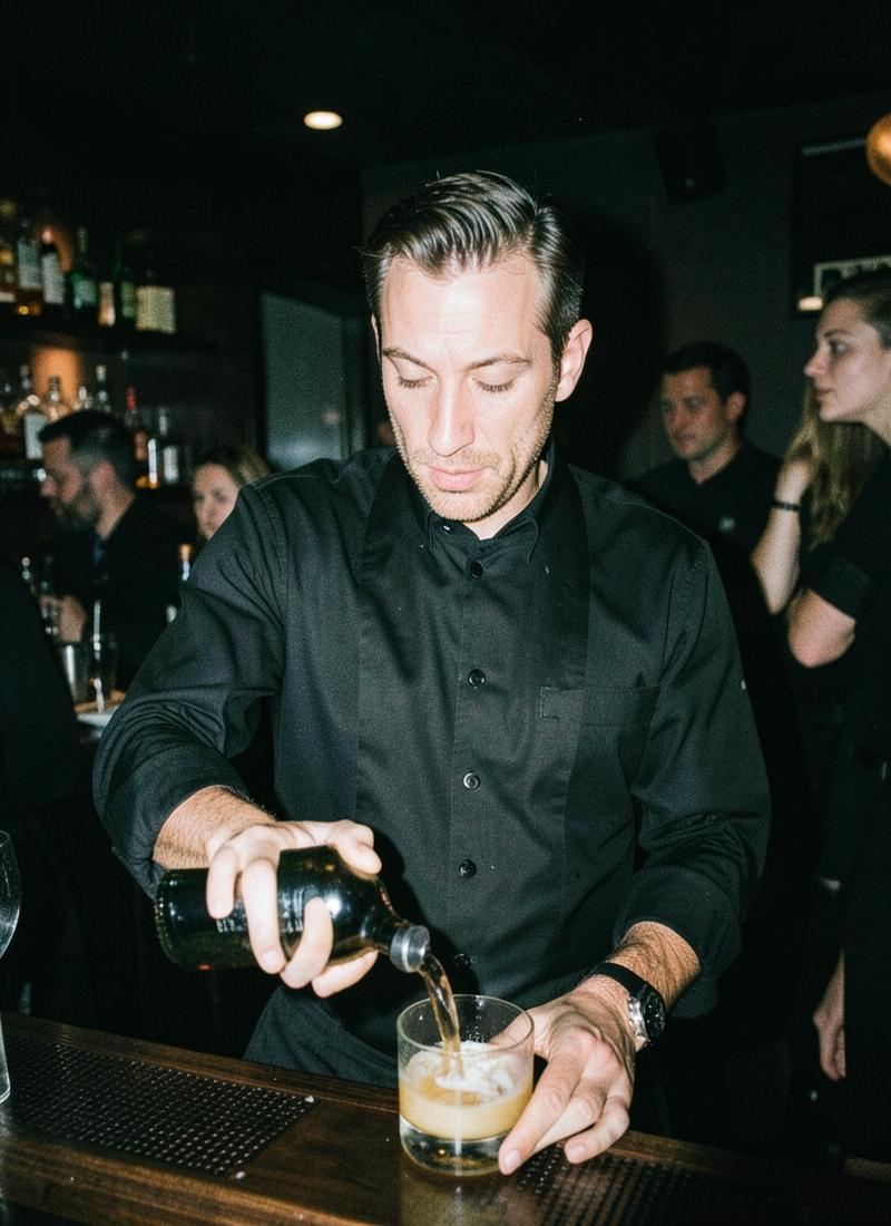 Bartender preparando un cóctel en la barra de un evento