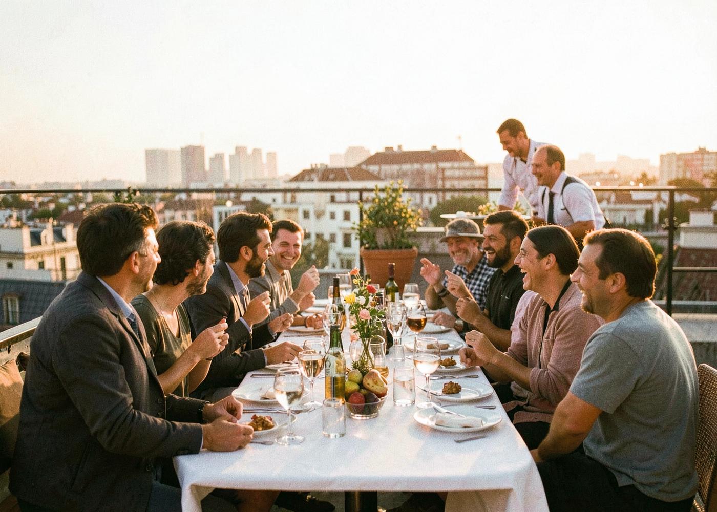 Celebración privada en una azotea de Madrid al atardecer